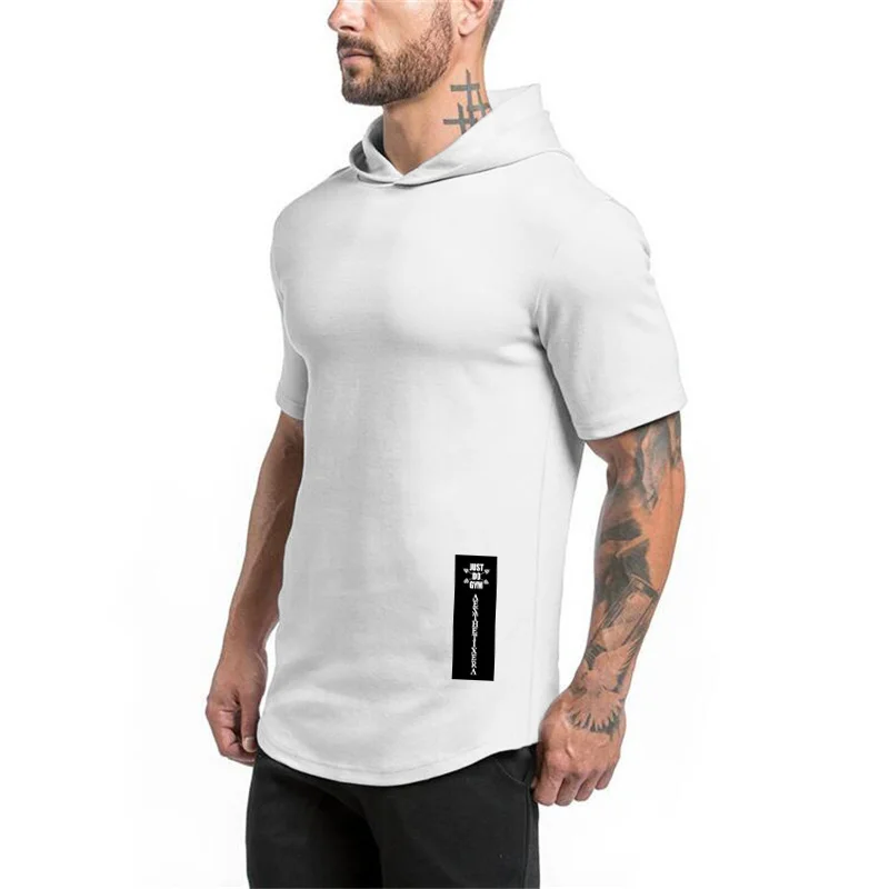 

New Brand Casual Summer Gyms Clothing Bodybuilding Fitness Mens Fashion Sports Hip Hop Cotton Muscle Hooded Short Sleeve T-shirt