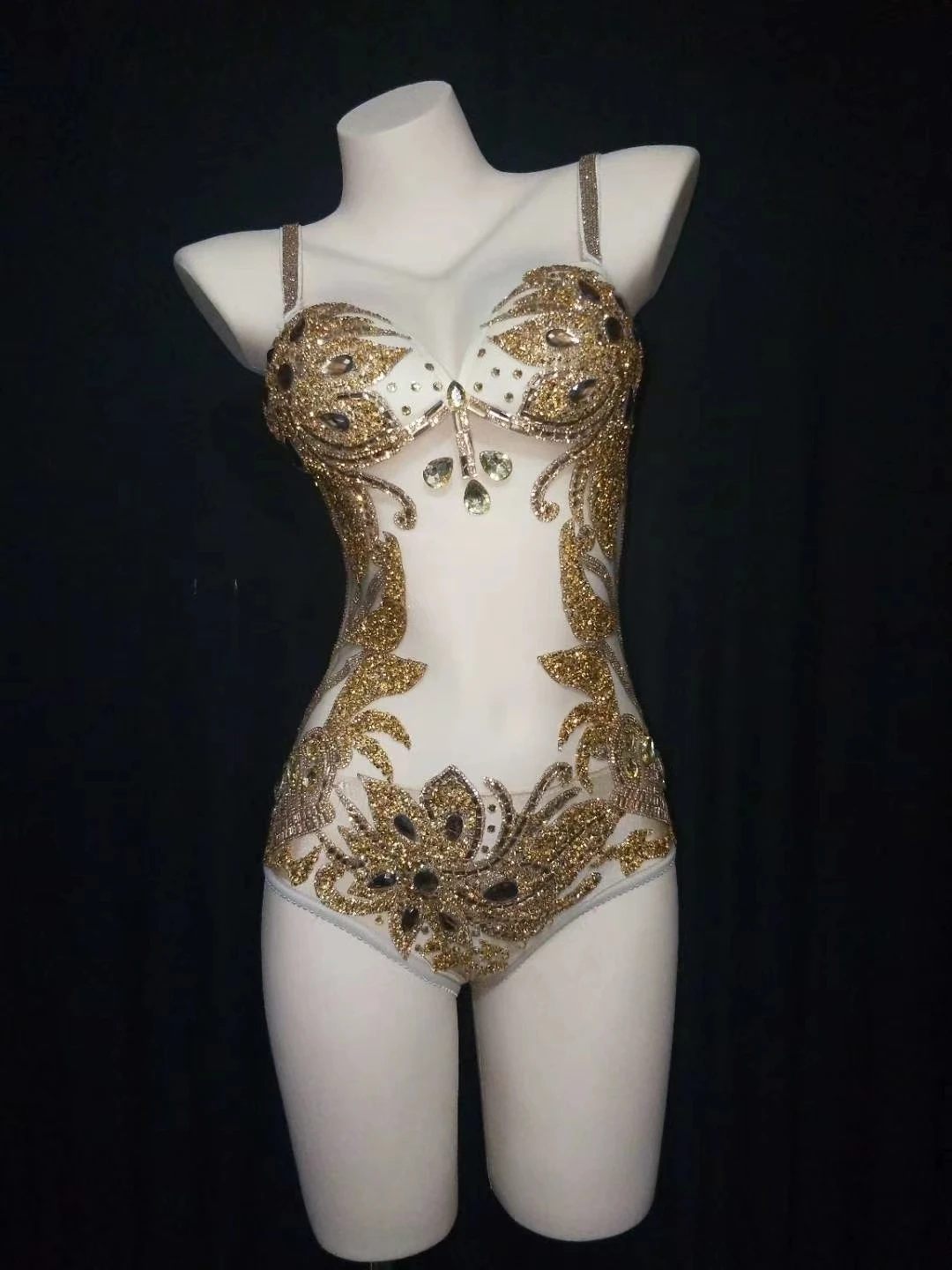 Gold Sequined Pearls Beading Mesh See Through Bodysuit for Women Sexy Spaghetti Strap V Neck Sleeveless Slim Women Stage Costume