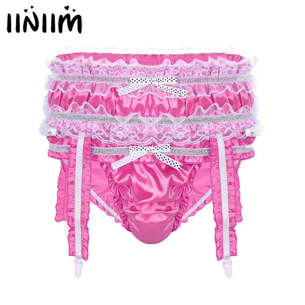 

Mens Gay Lingerie Bikini Underwear Shiny Ruffled Jockstraps Sissy Pouch Panties Briefs Sexy Underwear Underpants with Garters