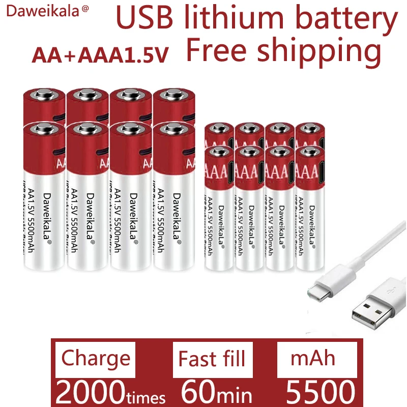 2021NewAA + AAA fast charging AA 1.5V 5500mah / AAA5500mAh lithium battery flashlight toy watch MP3 player FREE SHIPPING | Электроника
