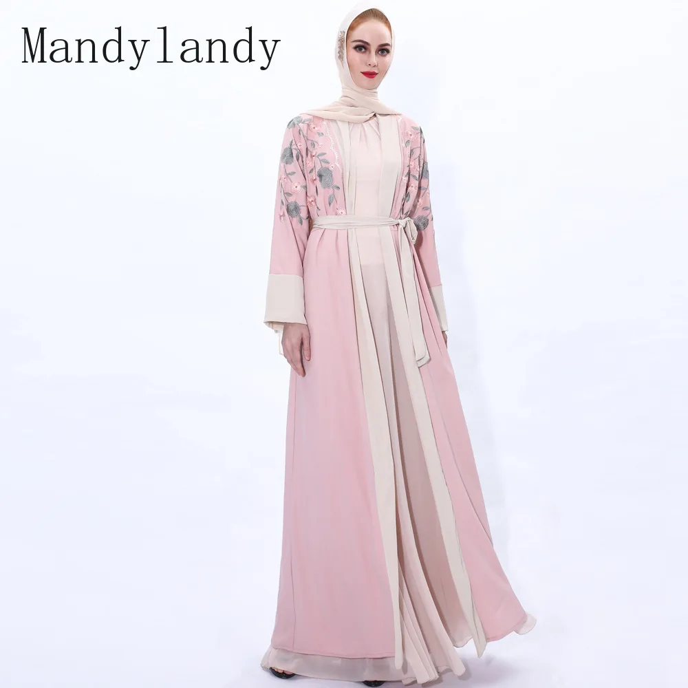 

Mandylandy мусульманское женское платье с длинным рукавом, мусульманская абайя, халат с вышивкой, шифоновый лоскутный мусульманский кардиган дл...