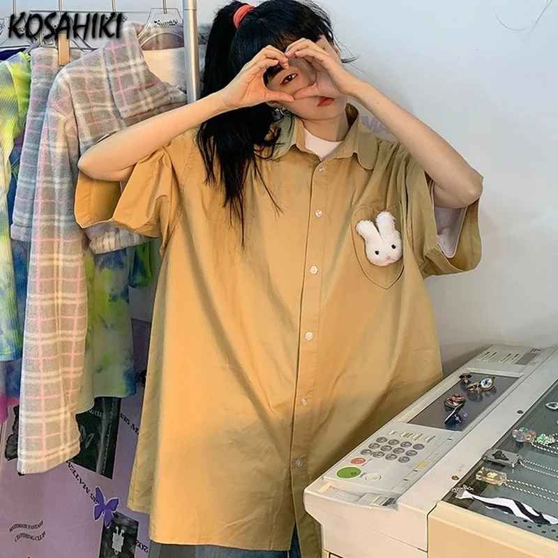 

KOSAHIKI Harajuku Streetwear Solid Short Sleeve Shirt Women Cute Rabbit Patch Turn Down Collar 2021 Summer Loose Sweet Tops