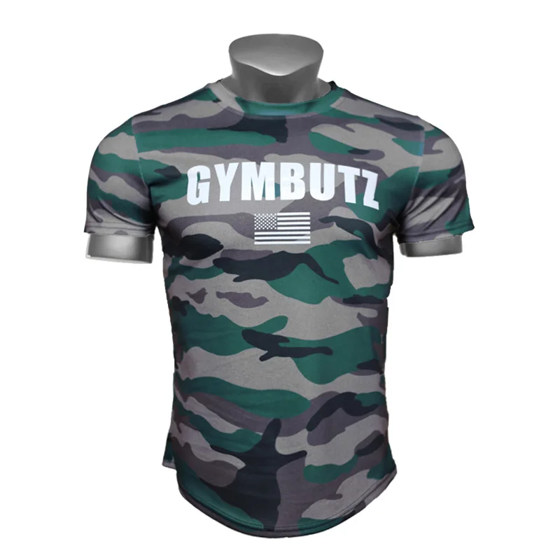 Men Camo Gym Fitness Shirt Running T Shirt Short Sleeve Bodybuilding Sportswear Jogging Clothes Training Workout Tee Tops Tshirt