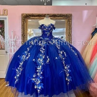royal blue beaded quinceanera dresses with 3d applique sweet 16 dress sweetheart pageant gowns sweep train vestido de 15 anos