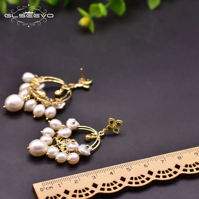 

GLSEEVO Natural White Baroque Pearl Dangle Earrings Round For Women Wedding Girl Party Bohemia Jewerly Green Zircon Arete GE0920