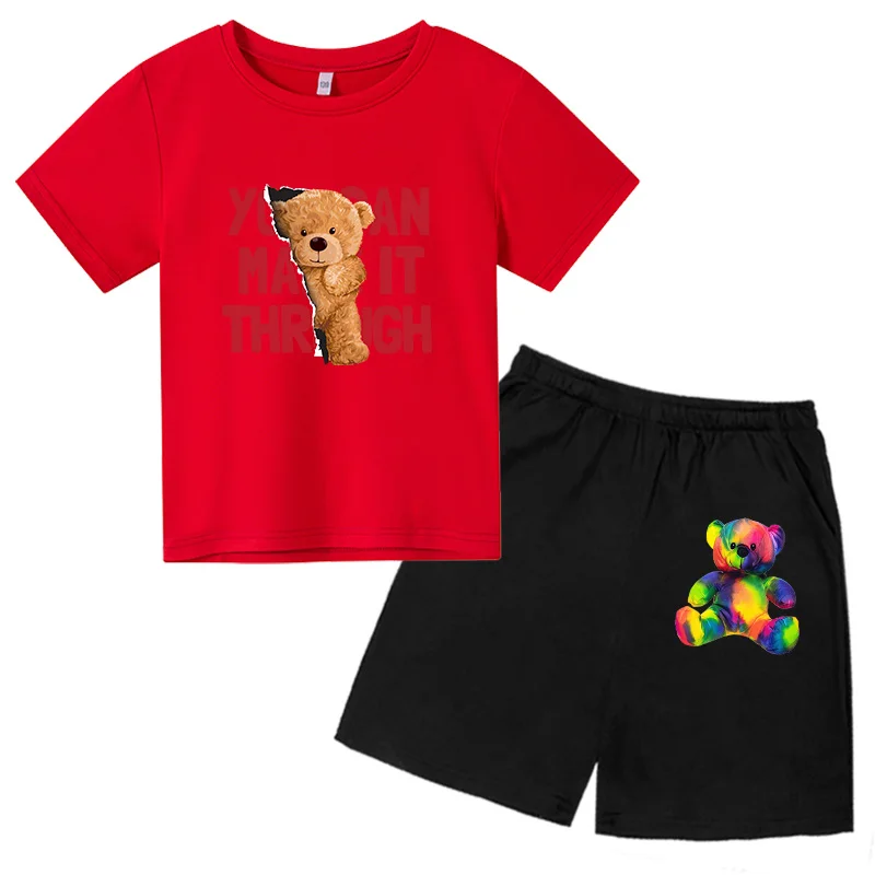 

bear Cartoon print T-shirt suit Summer Fashion Boys Hip Hop Style Soft Clothing Sets Kids Breathable T Shirt + Shorts 2Pcs Suits