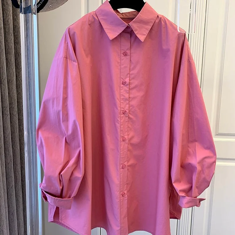 

Cotton 100% Solid Women Shirts Summer New 2021 Turn-Down Collar Batwing Sleeved Loose Elegant Office Lady Outwear Tops