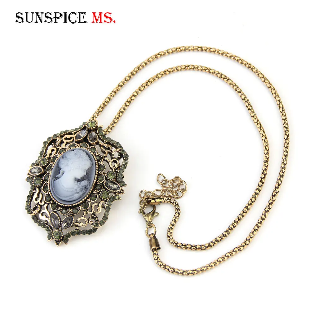Женский кулон в стиле ретро Sunspicems золотистого цвета с рельефным камнем серое