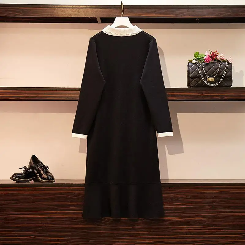Large Size Autumn Winter Knitted Dress Women 4XL Plus Casual Black Buttons Sweater Big Office Work | Женская одежда