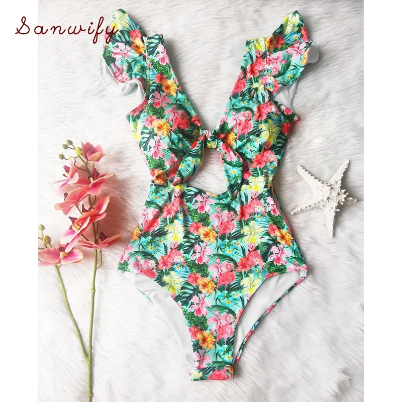 

2020 Newest Off The Shoulder Swimwear Piece Swimsuit Back Cross Bathing Suit Beachwear Printed