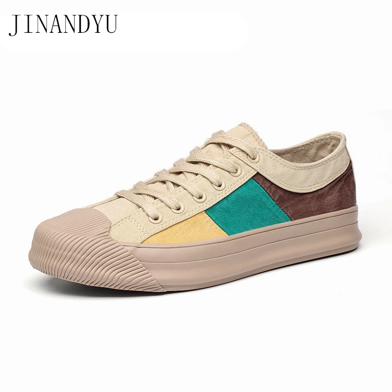 

New Low Top Canvas Shoes Men Sneakers Flat Casual Shoes Lace-up Classic Round Toe Retro Mixed Color Footwear Back To School