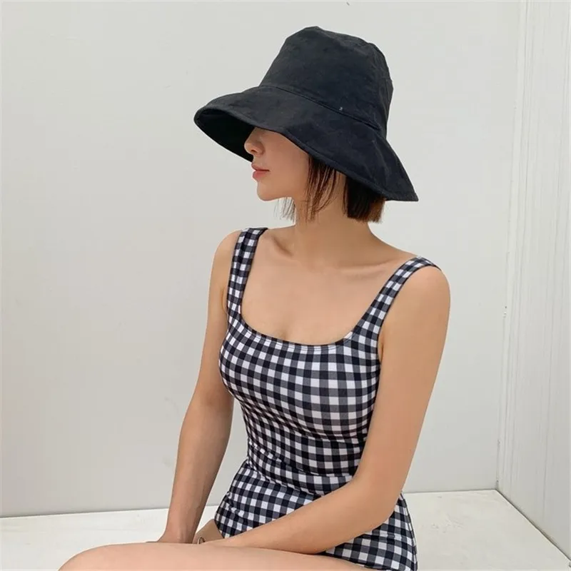 Ins style Japanese plaid one-piece swimsuit women Korean style open back small fresh swimsuit women