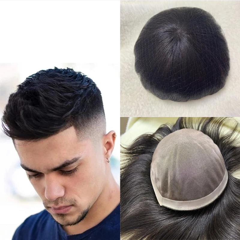6 inch Men Remy Human Hair Replacement System For Men Toupee Mens Hairpieces Mono Swiss Lace With PU 7*9 Base Black