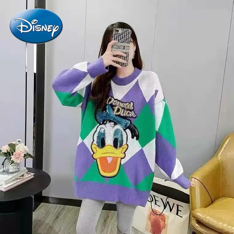 

Disney Donald Duck Autumn and Winter Sequins Three-dimensional Decoration Loose Plus Size Pullover Women