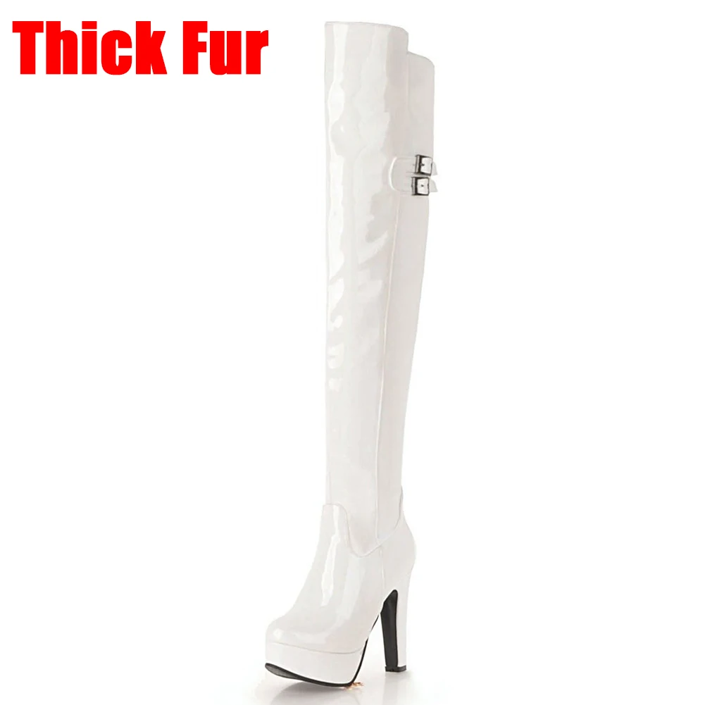 white 1 thick fur BONJOMARISA 32-48 модные сапоги до бедра из лакированной искусственной кожи женские вечерние ботфорты выше колена женская обувь на платформе и высоком каблуке - Цвет: white 1 thick fur