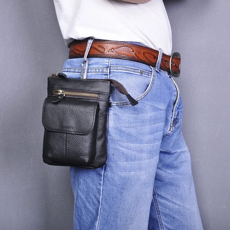 

samwestar Men's Waist Chest Bags Packs Small Genuine Leather Mobile Phone Camera Outdoor 7-Inch with Hook Waist Pack