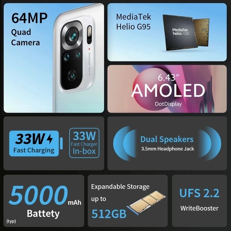Смартфон Xiaomi Redmi Note 10S глобальная версия 6 ГБ + 64 Гб/128 Helio G95 AMOLED DotDisplay 33 Вт быстрая