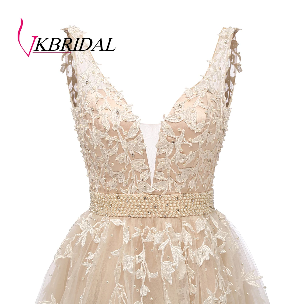 Женское короткое платье для выпускного вечера VKBRIDAL кружевное из тюля с глубоким v