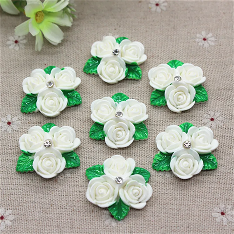 

10pcs Kawaii Resin White Flower with Crystal Rhinestone Flatback Cabochon DIY Craft,30mm