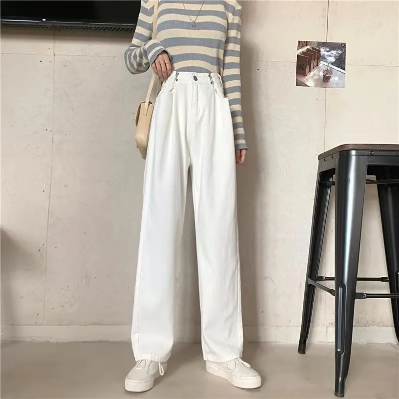 

Women's Jeans Adjustable Waistline with Buckle Women's 2021 Autumn Retro Loose Straight Jeans Street Style High Waist Jeans