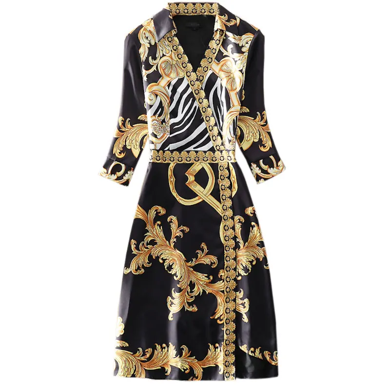 

Vintage Yellow Print Dress Women Designer Runway Fashion 3/4 Sleeve V-neck XXL Party Holiday Elegant Knee-Lenght Dress