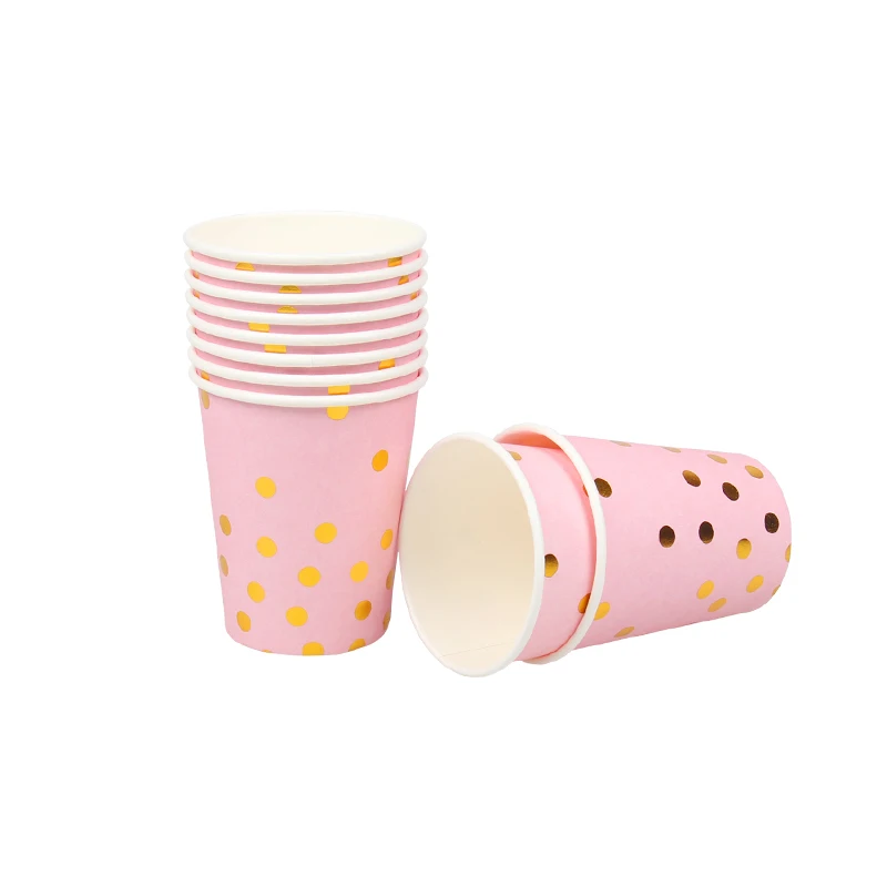 Бумажные тарелки и стаканы из розового золота в горошек с День рождения