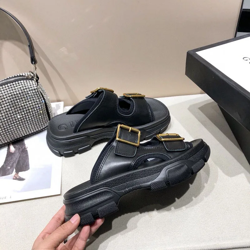 

Platform Increasing Ins Style Women Sandals Cowhide Leather Lazy Slippers Buckle Strap Fashion Female Casual Shoes Mujer Shoes