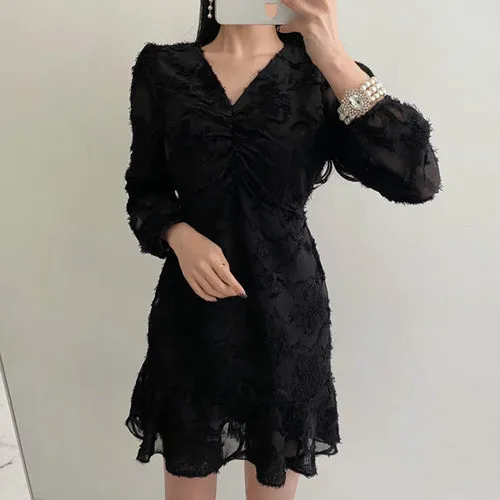 

Korean Tassel Patchwork Ruffles Dress Women High Waist Hip Mermaid Knee Length Vestidos Draped Design Long Sleeve Robe