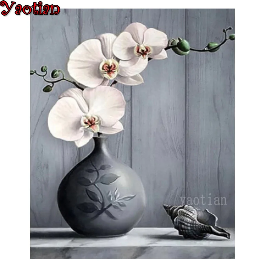 Алмазная вышивка 5D DIY ваза с искусственной орхидеей раковины алмазов картина