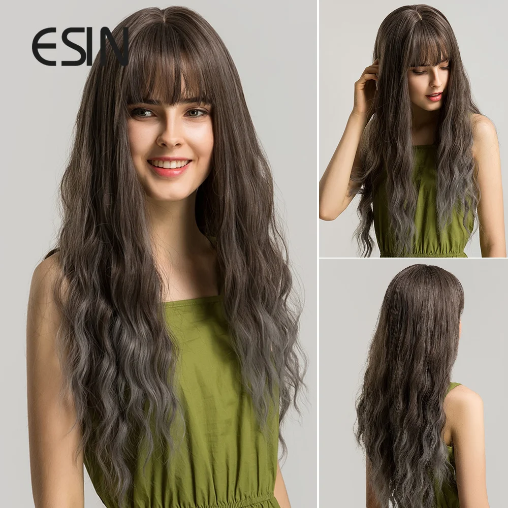 ESIN серая корня Омбре светильник серый длинный волнистый парик с челкой косплей