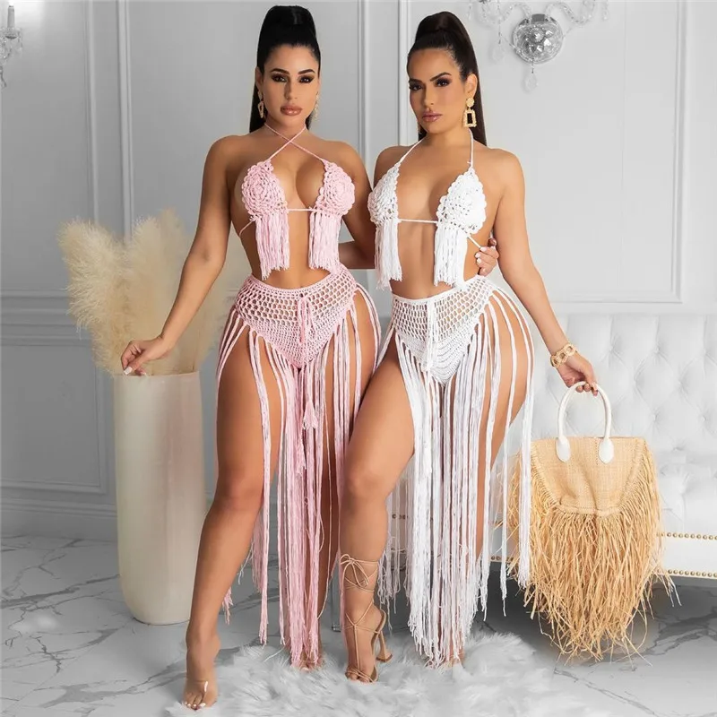 

CHRONSTYLE Hand-knitted Crochet Woven Women Swimwear Beachwear 2021 New Halter Lace-up Bra High Waist Tassels Panties Bikini Set