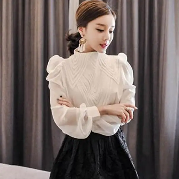 2020 весна осень женская блузка со стоячим воротником с длинным пышным рукавом