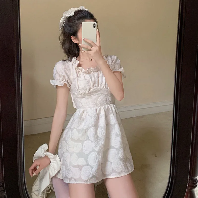 

Sweet Cute Kawaii Bandage Party Dress Japanese Women Lolita High Waist Retro Summer Mini Dress Square Collar Backless Dresses