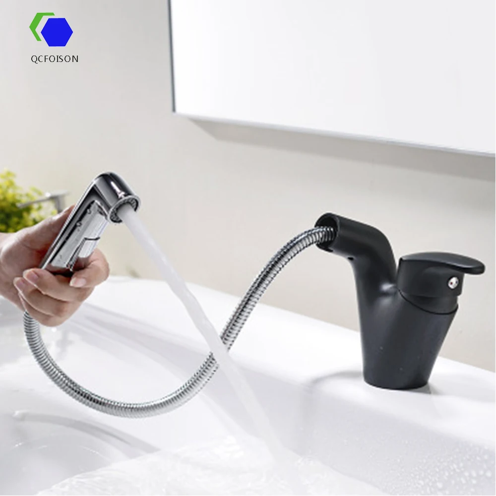 

QCFOISON Bathroom black wash basin tap brass Pull out hot water faucet white Piano baking varnish Telescoping mixer faucet