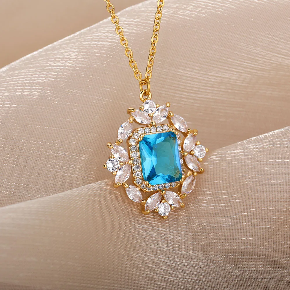 

Vintage Zircon Oval Necklaces For Women Luxury Crystal Green Blue Pink Stone Pendant Choker Chain Necklace Christmas Jewelry