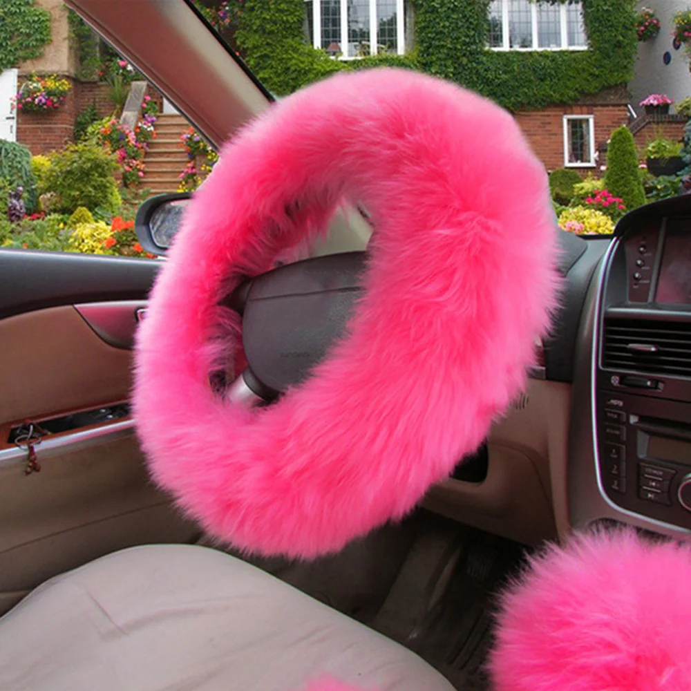 

3Pcs/Set Pink Warm Plush Wool Steering Wheel Cover Furry Fluffy Car Accessory Car Accessories