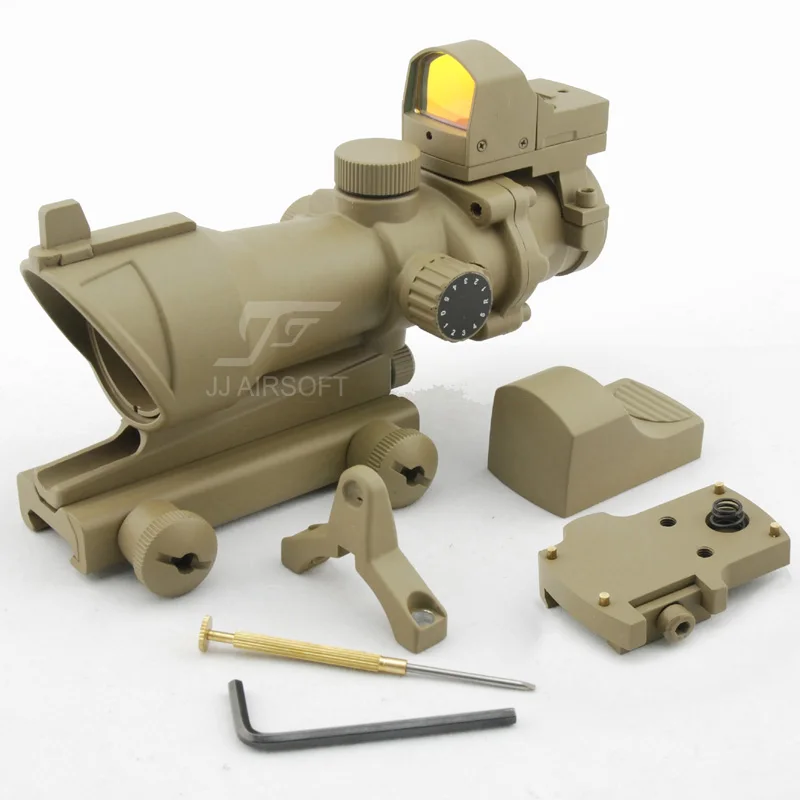 JJ Airsoft ACOG Style 4x32 Scope Illumination with Docter Mini Red Dot & Killflash / Kill Flash (Black/Tan) FREE SHIPPING | Спорт и