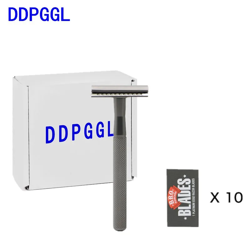 DDPGGL Safety Razor Men's Double Edge Zinc Alloy Manual Shaving Chrome Silver Women Hair Removal Shaver 10 Blades | Красота и