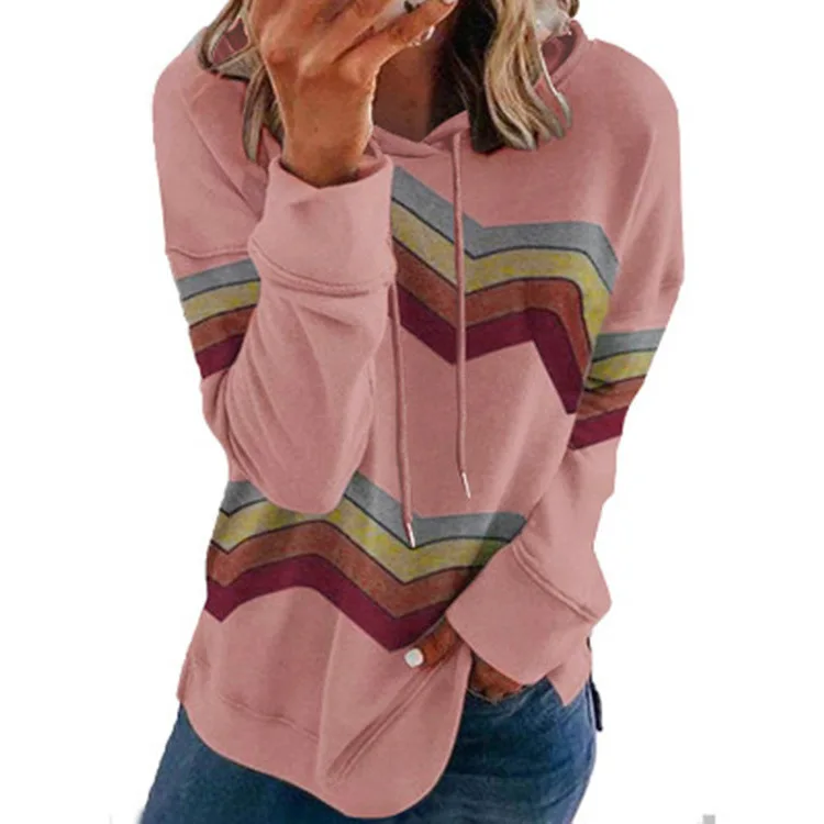 

2021 Autumn and Winter New Long Sleeve Striped Contrast Color Hooded Pullover Women's Sweater