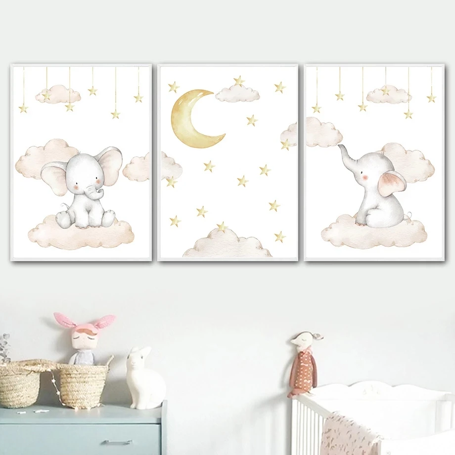 

Elephant star Moon Cloud Nursery Wall Art Canvas Painting Nordic Canvas Posters And Prints Wall Pictures Baby Kids Room Decor