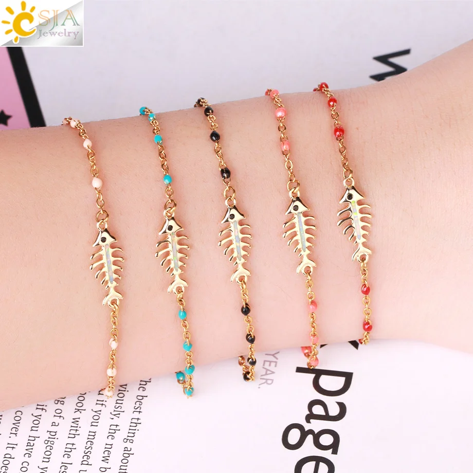 Браслеты CSJA из нержавеющей стали золотого цвета для женщин и детей, милый слон, искусственная эмаль, радуга, бохо, ювелирные изделия S874