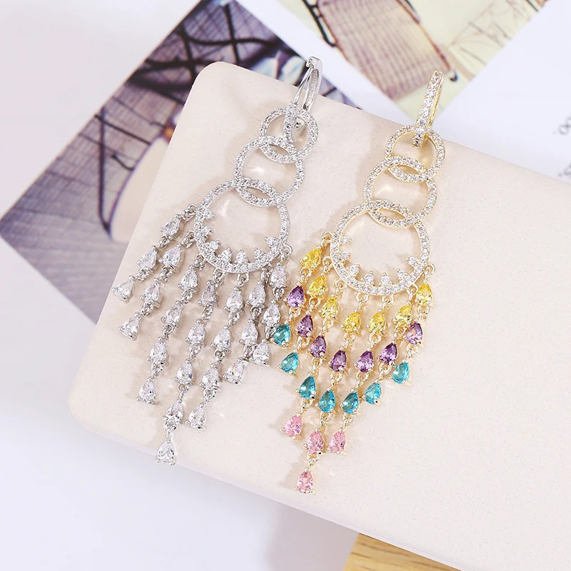 VERY GIRl New Brand 69mm Beautiful Bohemia Cubic Zircon Crystal Tassel Earrings Drop for Women Wedding Jewelry | Украшения и
