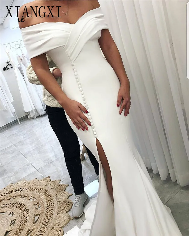 

Amazing Split Front Mermaid For Women 2020 White Satin Off Shoulder African Women Bridal Gowns Vestido de noiva
