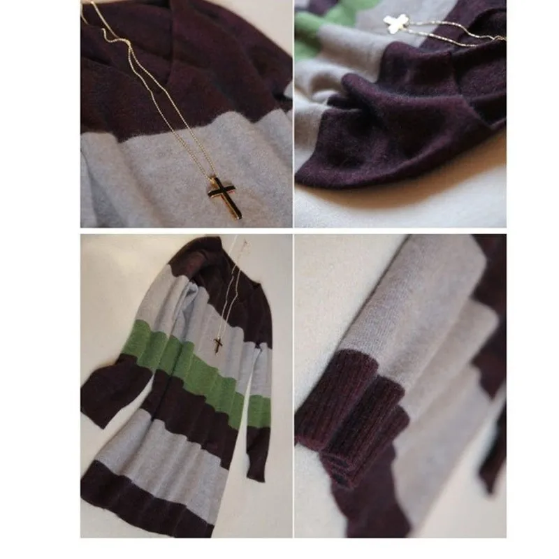 

Three-color Striped Knitted Womens Sweaters 2018 Winter Office Lady V-Neck New Medium and Long Style Long Sleeve Pullover Loose