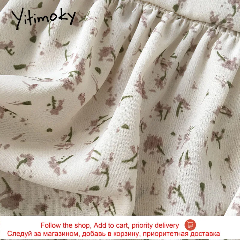 

Yitimoky Vintage Print Dresses Women Black Button Short Sleeve V-Neck Hight Waist Loose A-Line Spring 2021 New Midi Long Dress