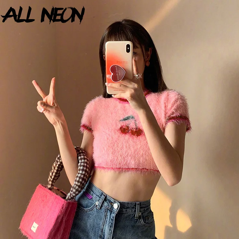 

ALLNeon Kawaii Y2K Fashion Pink Knitted Crop Top 2000s Aesthetics Cherry Print Shaggy Short Sleeve Pullover Cute Vintage Sweater