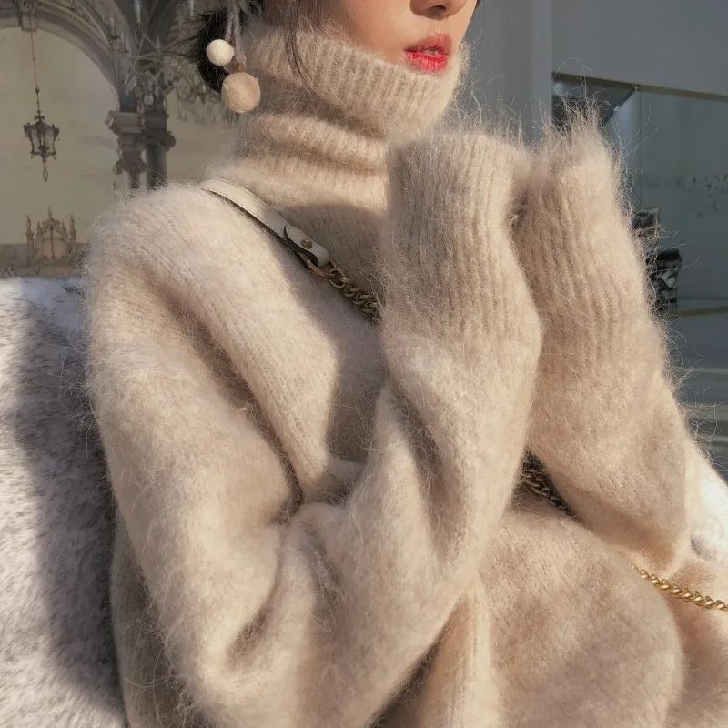 Новинка женский свитер из кашемира и норки с высоким воротником теплый длинными