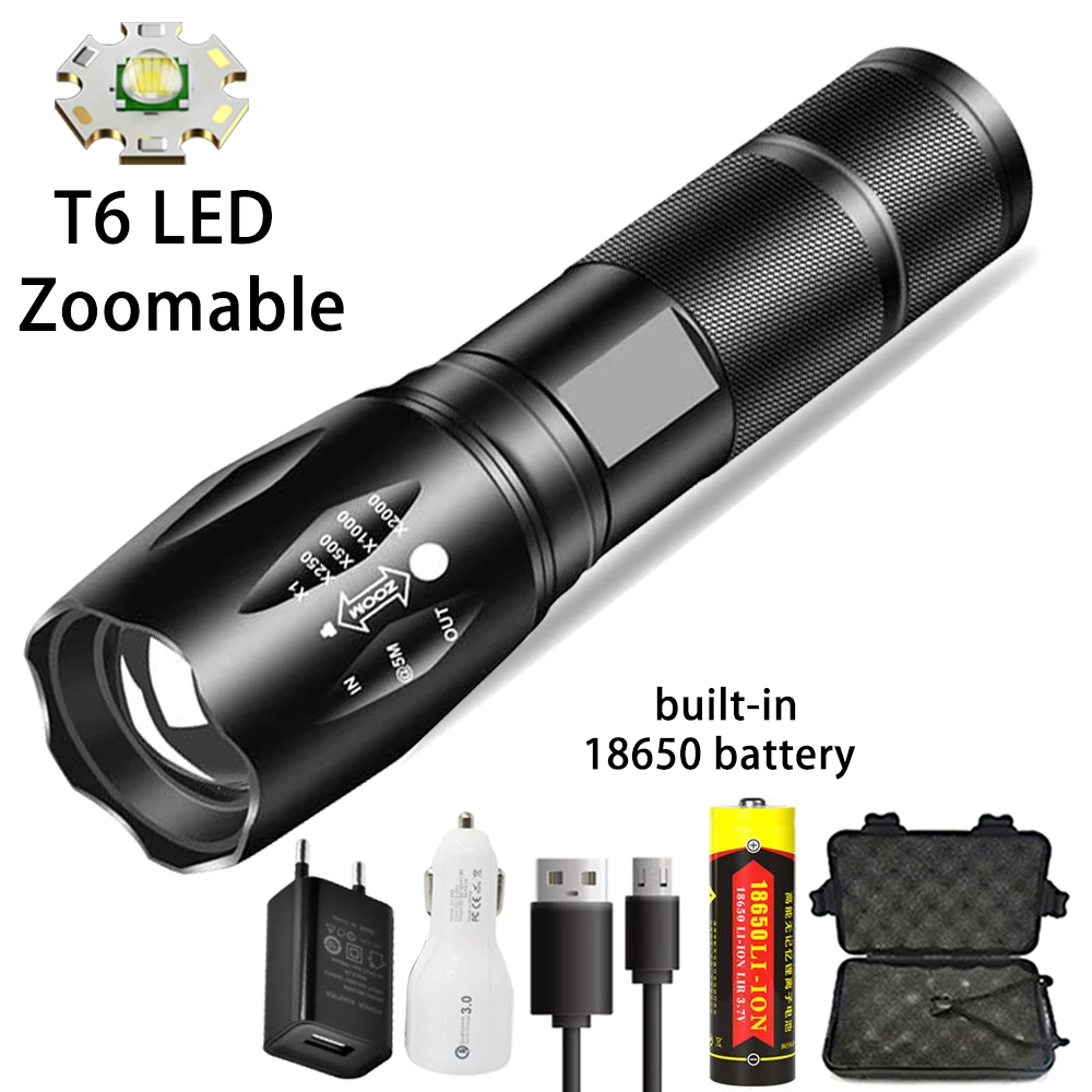 

LED Flashlight Aluminum Alloy Powerful T6 Portable Torch USB Rechargeable Tactical Flash Light for Outdoor Camping Hiking