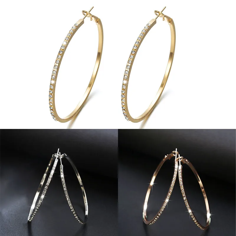 Модные стразы 2019 большие золотые серьги кольца серебряные круглые с кристаллами