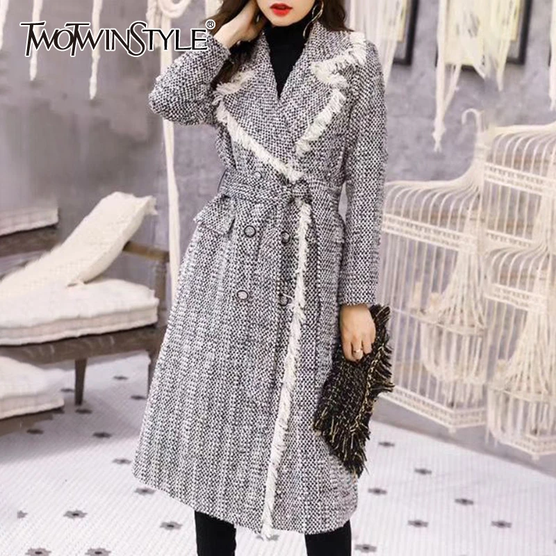 TWOTWINSTYLE лоскутное твидовое Женское пальто с кисточками воротник лацканами